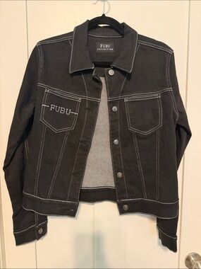 FUBU Vintage Y2K Bling Black Denim Streetwear Jacket with White Stitching Size M